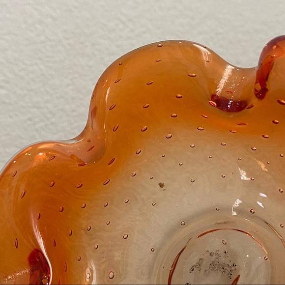 Murano Style Art Glass Controlled Bubble Bullicante Orange Ruffled Candy Dish - Picture 9 of 13